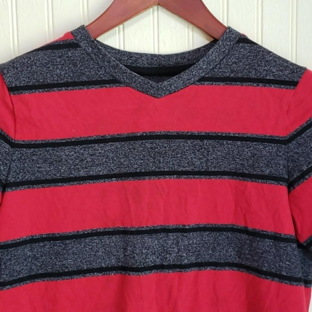 HAWK Shirt Boys L Red Gray Stripe V Neck Short Sleeve Tagless Jersey Tee Top